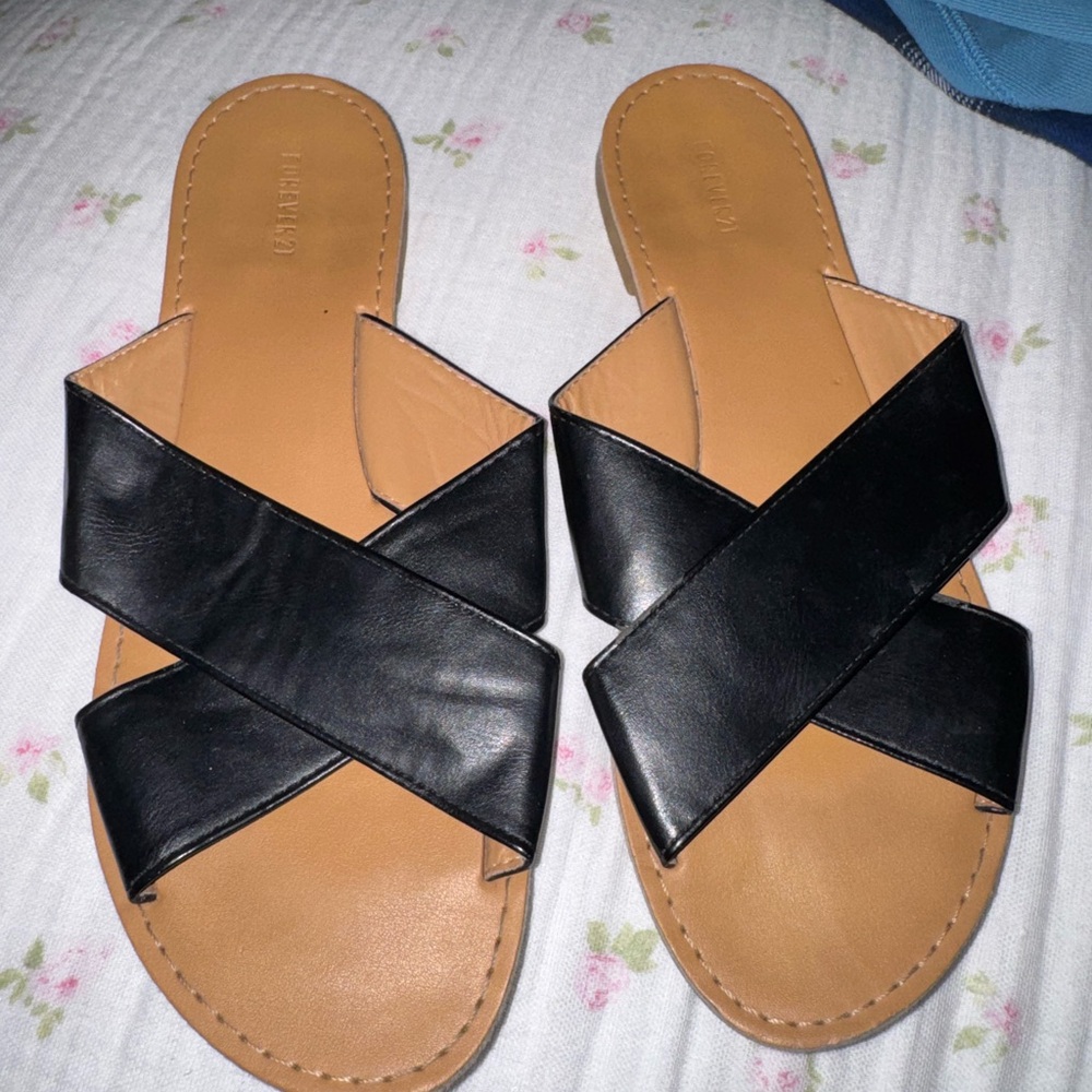 Black Leather Slide Sandals